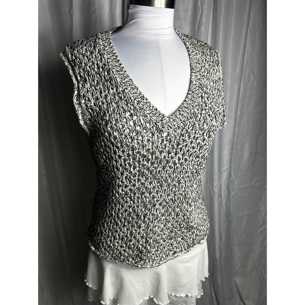 7 For All Mankind Womens Knit V-Neck Sweater Vest Black White Italian Yarn
